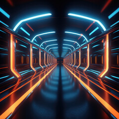 3d abstract background, futuristic tunnel corridor, neon lights created by generative AI technology.