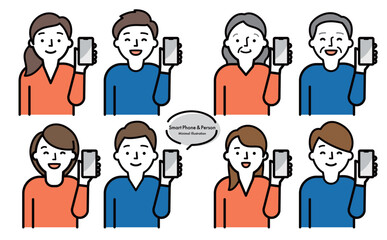 シンプルおしゃれなスマホ・スマートフォンを持つ男女・シニア・子供の人物ベクターイラスト素材セット_赤青_家族・老若男女