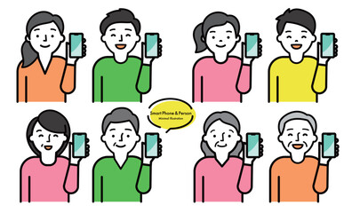 シンプルおしゃれなスマホ・スマートフォンを持つ男女・シニア・子供の人物ベクターイラスト素材セット_カラフル_家族・ファミリー