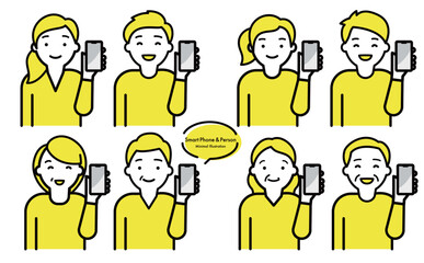 シンプルおしゃれなスマホ・スマートフォンを持つ男女・シニア・子供の人物ベクターイラスト素材セット_黄色_家族・ファミリー