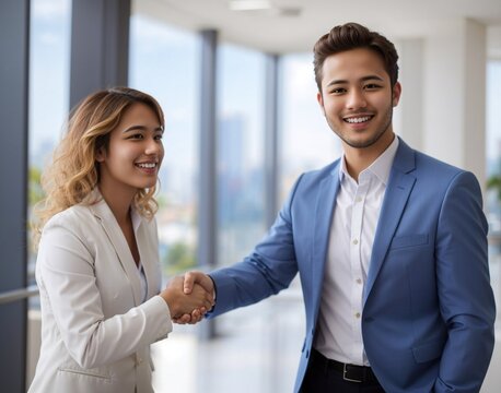 businessman shaking hands with cheerful woman after job interview, generative ai