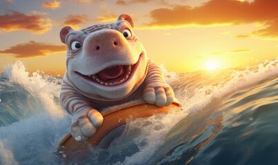 Photo of a lively cartoon hippo splashing through the water - obrazy, fototapety, plakaty