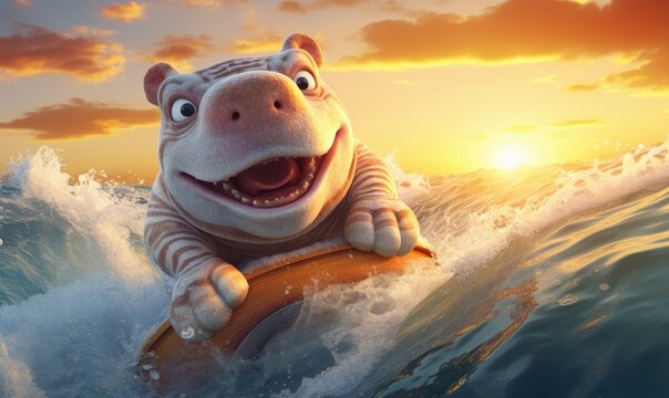 Photo of a lively cartoon hippo splashing through the water