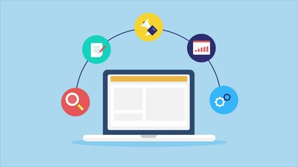 Digital marketing cartoon style infographic explainer 2d animation video including SEO, content strategy, social media and data analytics conceptual animated presentation. - Powered by Adobe