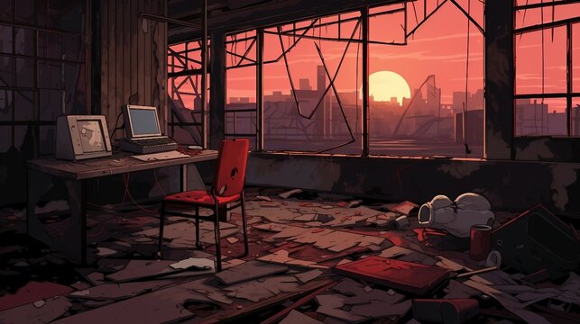 An illustration of an old computer desk in an abandoned office AI Generated