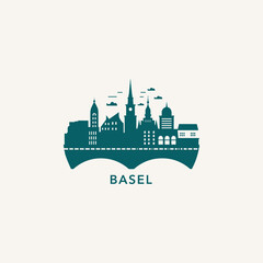 Obraz premium Switzerland Basel cityscape skyline city panorama vector flat modern logo icon. Basel-Stadt canton emblem idea with landmarks and building silhouettes, isolated graphic