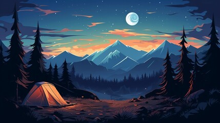 An illustration of a tent in the mountains at night AI Generated - obrazy, fototapety, plakaty