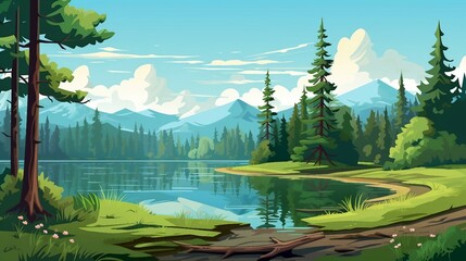 An illustration of a beautiful forest landscape with a lake and mountains AI Generated - obrazy, fototapety, plakaty