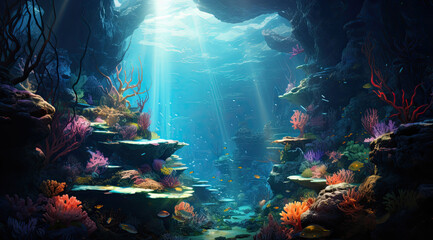 Underwater landscape with corals and tropical fish. 3D illustration. created by generative AI technology.
