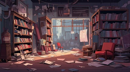An illustration of a messy library with books and chairs AI Generated