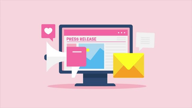 Press releases online news mass media communication digital news publication, magazine newspaper on computer screen, megaphone and newsletter concept, video animation.