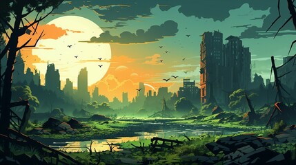 An illustration of abandoned city ruins overtaken by nature AI Generated - obrazy, fototapety, plakaty
