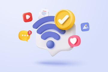 3d wireless connection and sharing network on internet. Hotspot access point for digital and online coverage. Broadcasting area with WiFi. 3d wireless signal icon rendering vector illustration - obrazy, fototapety, plakaty