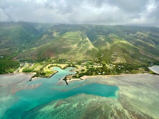 Aerial view of the island of Moloka'i (Hawaii) in the Pukoo Lagoon area