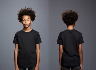 Front and back views of a little boy wearing a black T-shirt