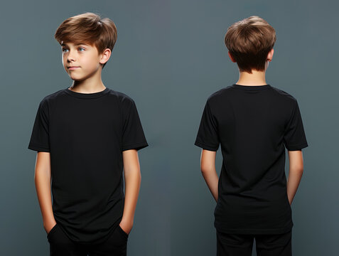 Front and back views of a little boy wearing a black T-shirt