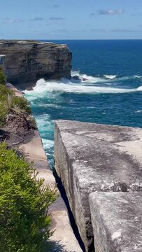 4k Video-Vertical orientation-Breathtaking coastal, cliff and ocean views on the scenic Cape Baily Track at Kurnell in Kamay National Park, South Sydney, Australia.