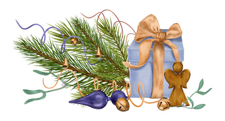 Composition of gift boxs, Christmas decorations digital illustration watercolor style isolated on white. Pine branch, wooden angel hand drawn. Element for holiday, 2024 new year greeting design