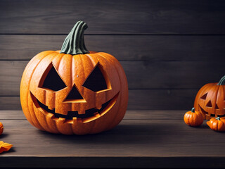 Halloween decoration with pumpkins on wooden background