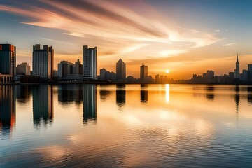 city skyline at sunset