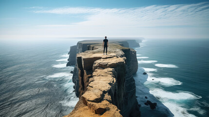 Sometimes all you need is a different perspective. Person standing at the edge of a cliff, looking out at the vastness of the world below, with a clear path stretching out before them. Generative AI - obrazy, fototapety, plakaty