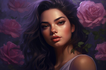 Young woman with full lips surrounded by pink roses