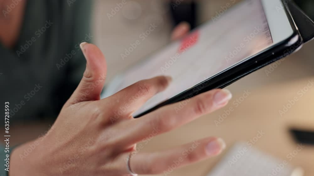 Fototapete website, tablet and hands of business person scroll in office for research, internet and online blog