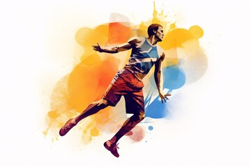 Fototapeta na wymiar Young man running against colorful watercolor splashes. Sport illustration.