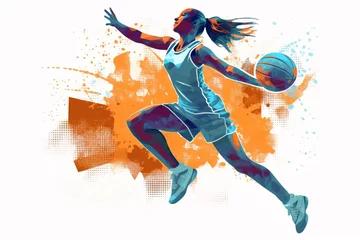 Fotobehang Female basketball player with ball. Grunge background. Vector illustration. © vachom