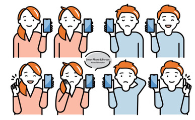 シンプルおしゃれなスマホ・スマートフォンを持つ男女の人物ベクターイラストセット_笑顔・困る・悩む表情_ピンク青
