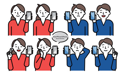 シンプルおしゃれなスマホ・スマートフォンを持つ男女の人物ベクターイラストセット_笑顔・困る・悩む表情_赤青