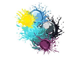 Color paint splatter. Spray paint blot element. Colorful ink stains mess on white background. Vector illustration