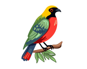 Beautiful bright tropical bird on a branch on a white background. Vector illustration