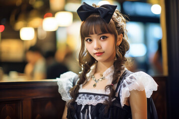 Young girl working in a maid cafe - obrazy, fototapety, plakaty