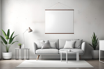 White blank poster on concrete wall, living room background