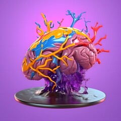 Exploded brain, neural network concept, artificial intelligence. Colored oil paint splash in water
