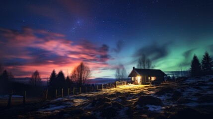 ky at night with aurora borealis,  countryside with a cute, large log-cabin on a small hill near a forest. Generative AI