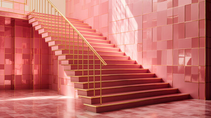 pink staircase with golden metallic rails close up, sunny