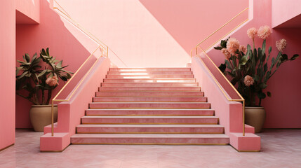 pink staircase with golden metallic rails close up, sunny - Powered by Adobe