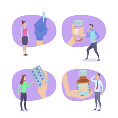 Hands offering medicine to ill people vector illustrations set. Doctors prescribing syringe injection, pills, painkillers and other medication in bottles. Pharmacy, medicine, health care concept