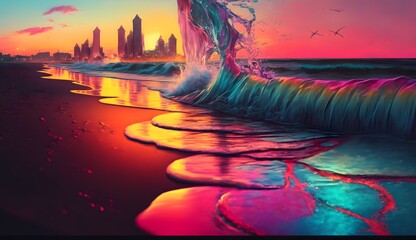 City beach futuristic, colorful paint, colored digital, bright iridescent evening sunset