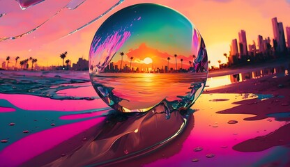 City beach futuristic, colorful paint, colored digital, bright iridescent evening sunset