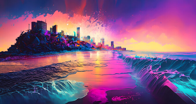 City beach futuristic, colorful paint, colored digital, bright iridescent evening sunset