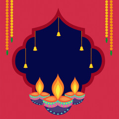 Traditional Happy Diwali puja design with Diya, marigold flowers Hindu festival vector illustration. 