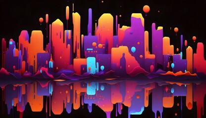 City colorful liquid acrylic paint, colored, bright iridescent evening sunset
