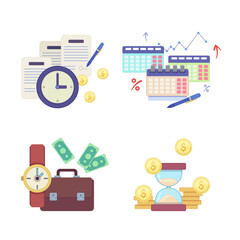 Time management for work icons vector illustrations set. Signed documents with clock, calendar planners, briefcase with watches, hourglass with money on white background. Business, success concept