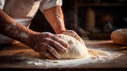 Abwaschbare Fototapete Bäckerei Beautiful and strong mens hands knead the dough make bread, pasta or pizza. Powdery flour flying into air. chef hands with flour in freeze motion of cloud of flour midair