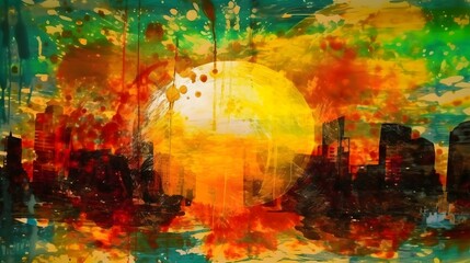 Obraz na płótnie Canvas City colorful liquid acrylic paint, colored, bright iridescent evening sunset
