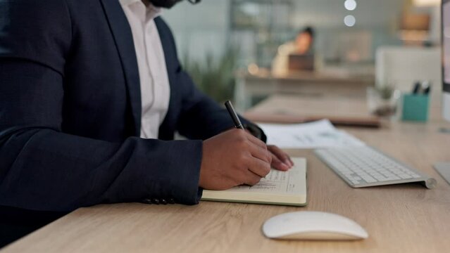 Business hands, writing and planning in notebook for marketing ideas, copywriting and project goals at desk. Professional worker, writer or editor with notes, brainstorming or job reminder in journal