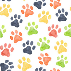 Dog paw seamless pattern. Multicoloured puppy or cat paw track. Abstract dog endless animal background